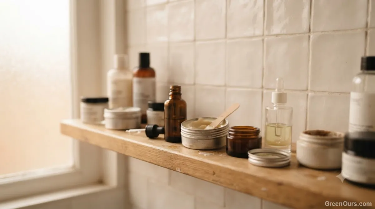 Bathroom shelf with several opened toothpaste tubes, lotion, and sunscreen bottles