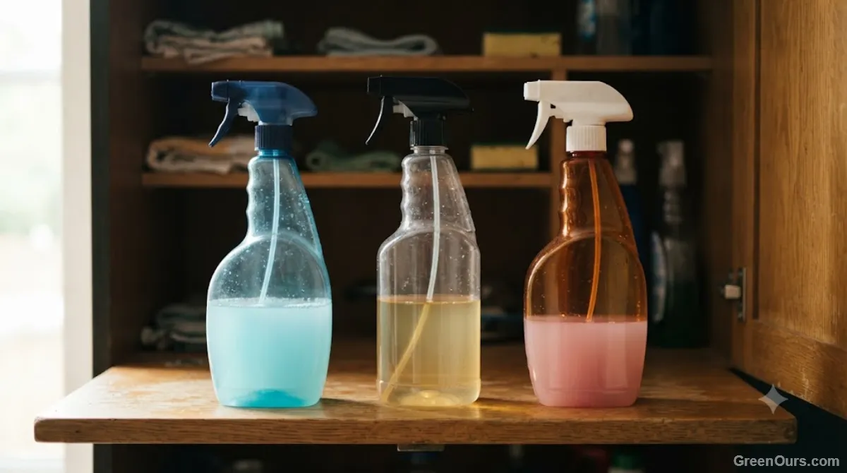 Cleaning cupboard with several partially used spray bottles of the same product