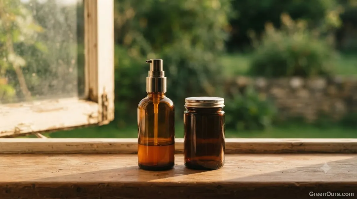 A nearly finished bottle placed back on a shelf beside its unopened replacement