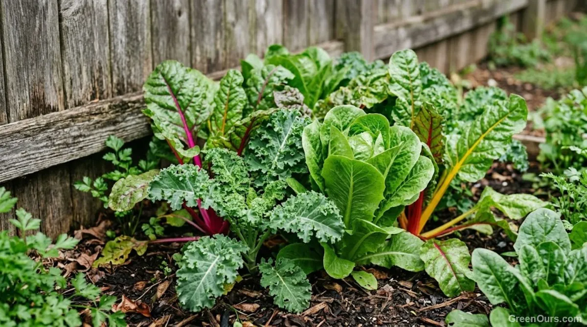 Lettuce and chard growing in a partially shaded garden corner