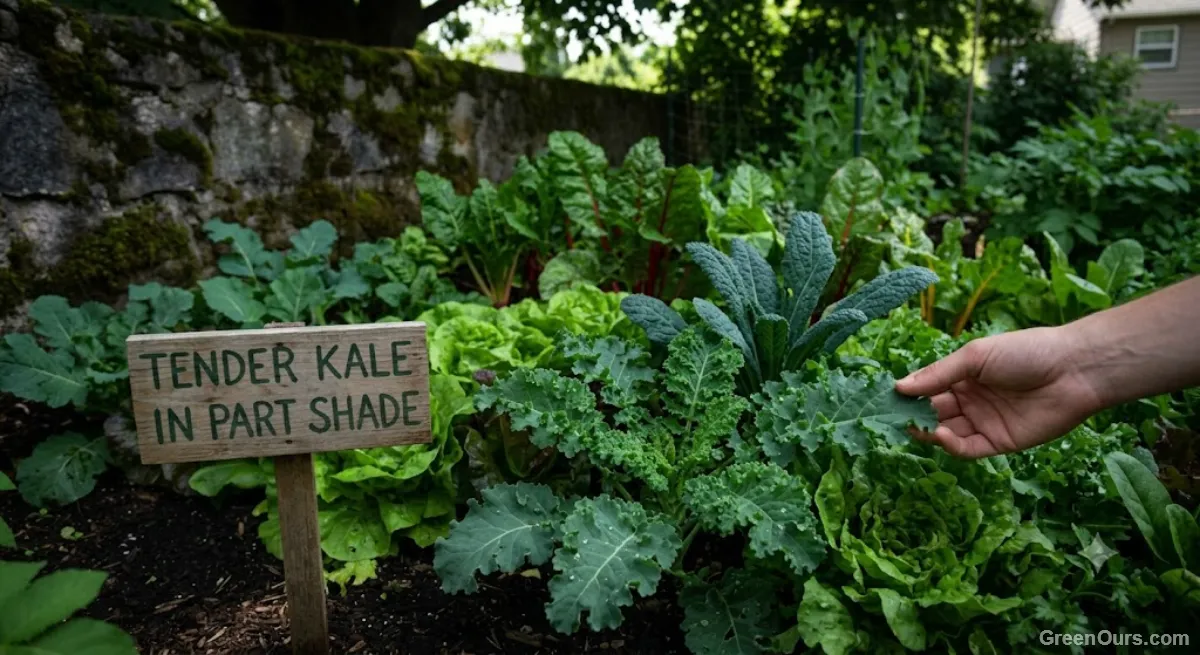 Tender kale leaves growing in a partly shaded garden bed