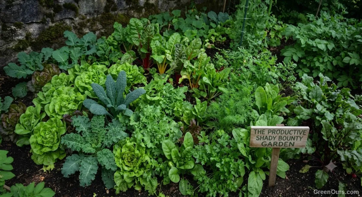 Full garden bed with a mix of leafy greens and root vegetable foliage growing in partial shade