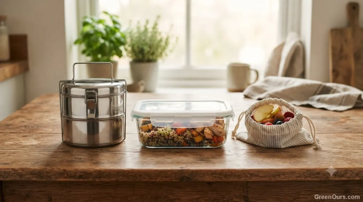 Three reusable lunch containers, a snap-lid box, insulated jar, and flat pouch, on a kitchen counter