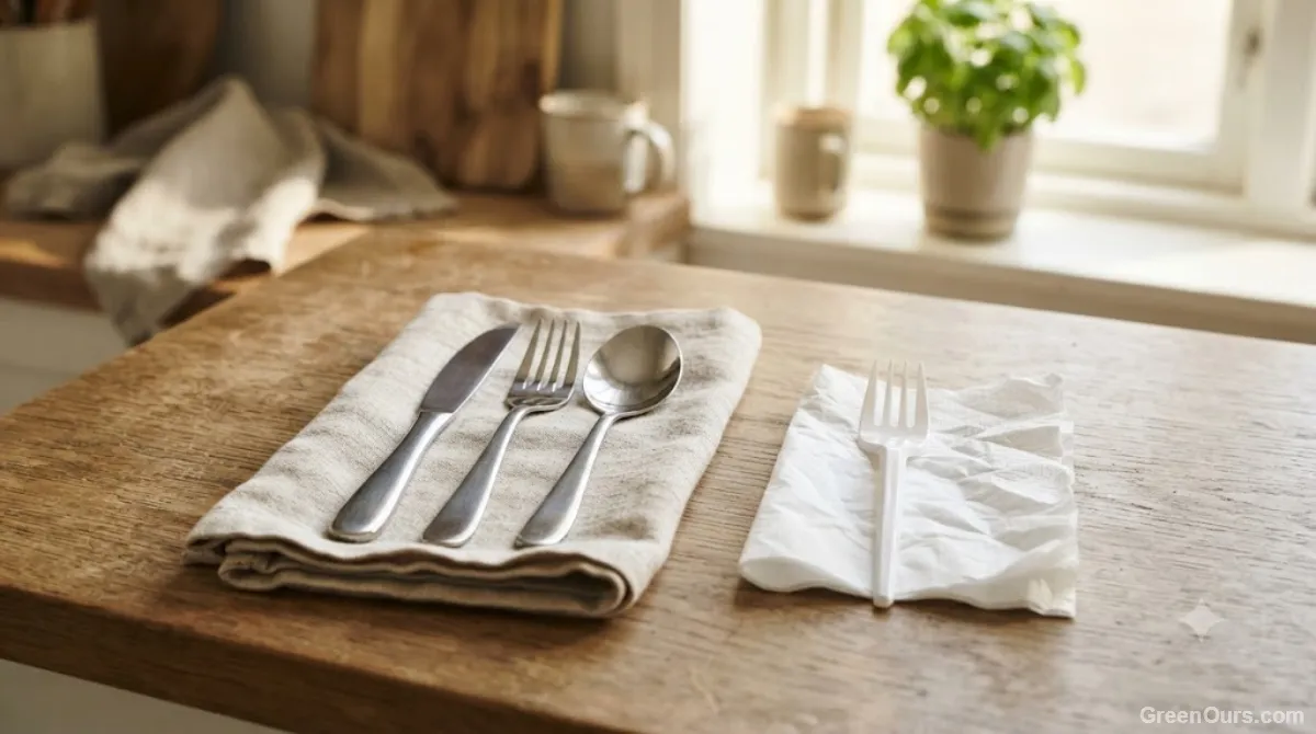 Reusable cutlery set and cloth napkin next to disposable plastic cutlery and napkins on a counter