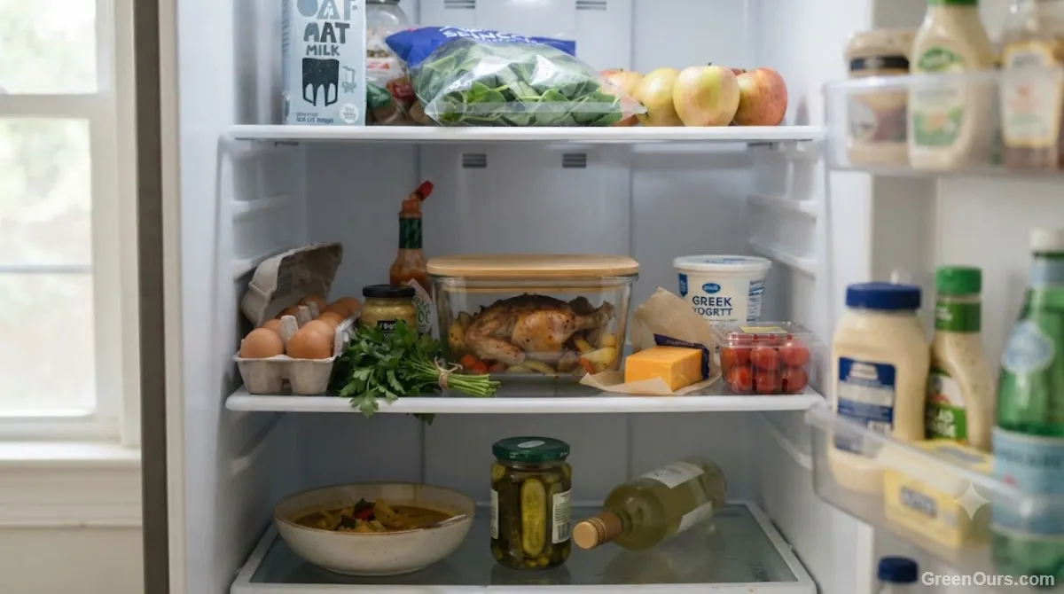 Empty fridge shelf with a few scattered ingredients on a busy weekday morning