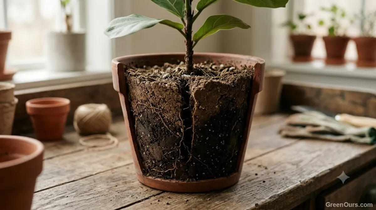 Water draining quickly through gaps in dry potting soil around the edge of a nursery pot