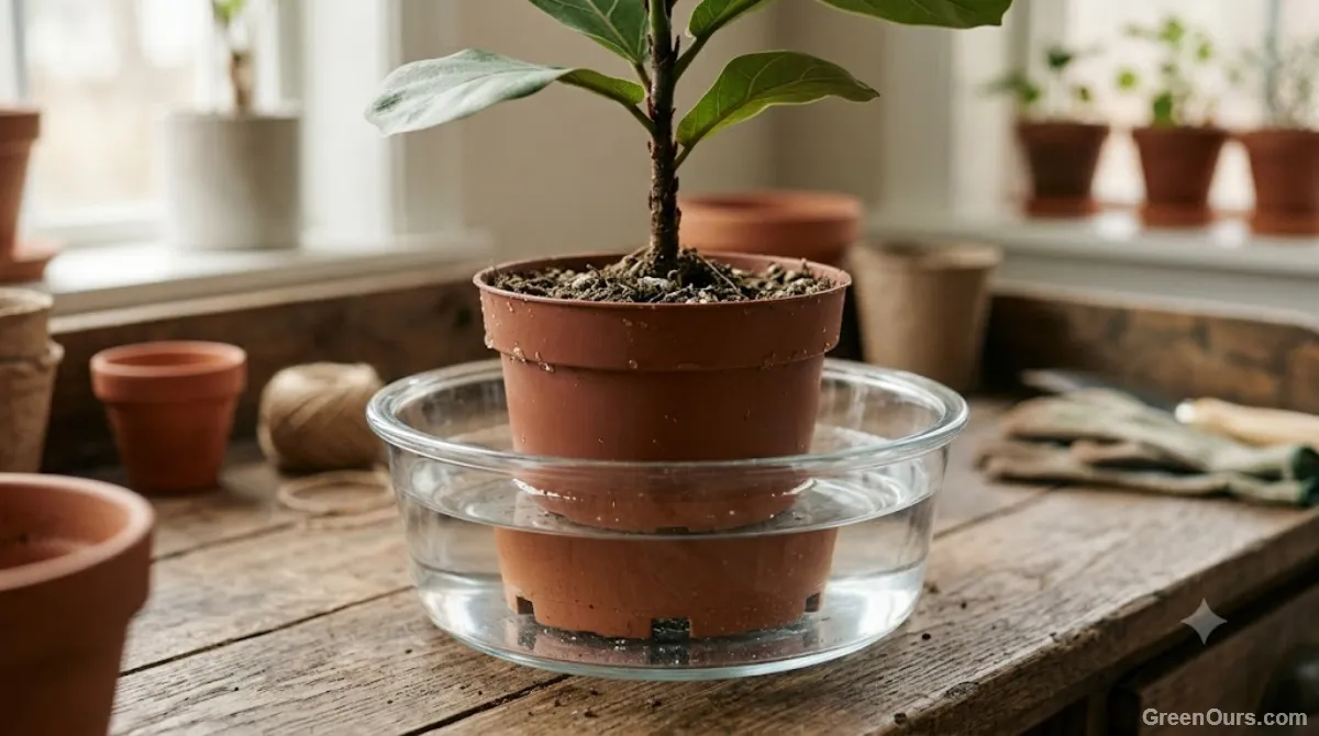Nursery pot partially submerged in a basin of water during a bottom-soak rehydration