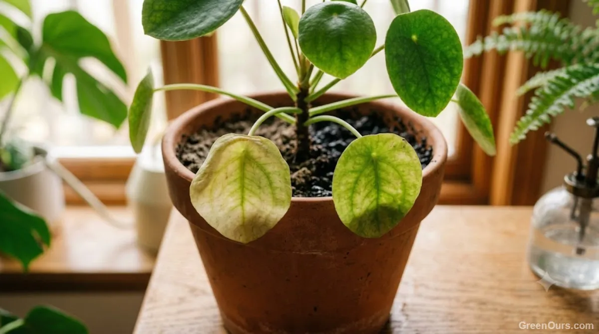 Houseplant leaf showing soft yellowing typical of overwatering