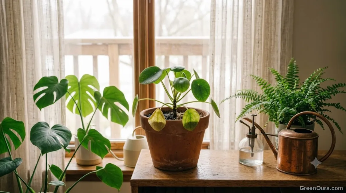 Windowsill of houseplants in soft winter light with a watering can set aside