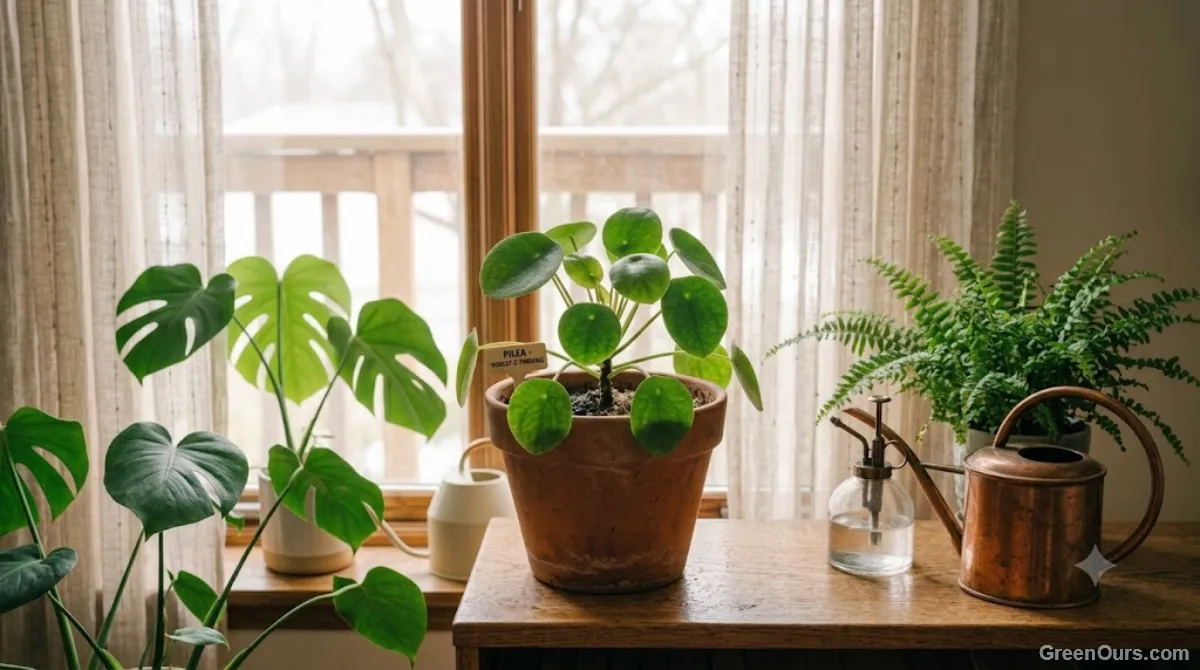 Tidy shelf of healthy green houseplants in various pots