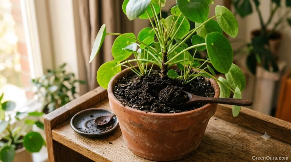 A hand top-dressing a houseplant in a terracotta pot with finished compost