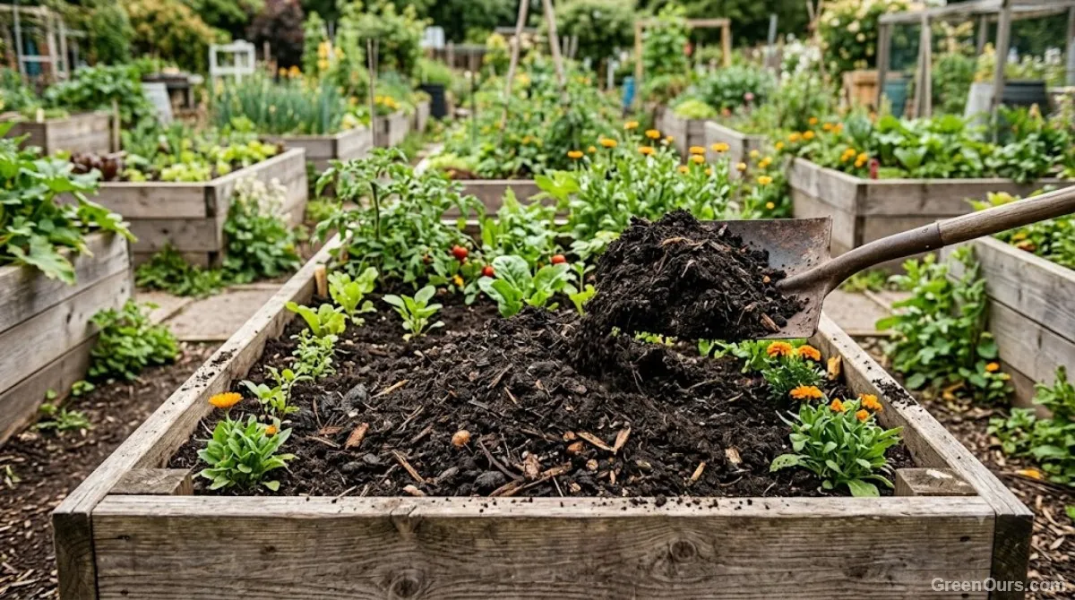 Compost being added to a raised bed at a community garden with other plots visible