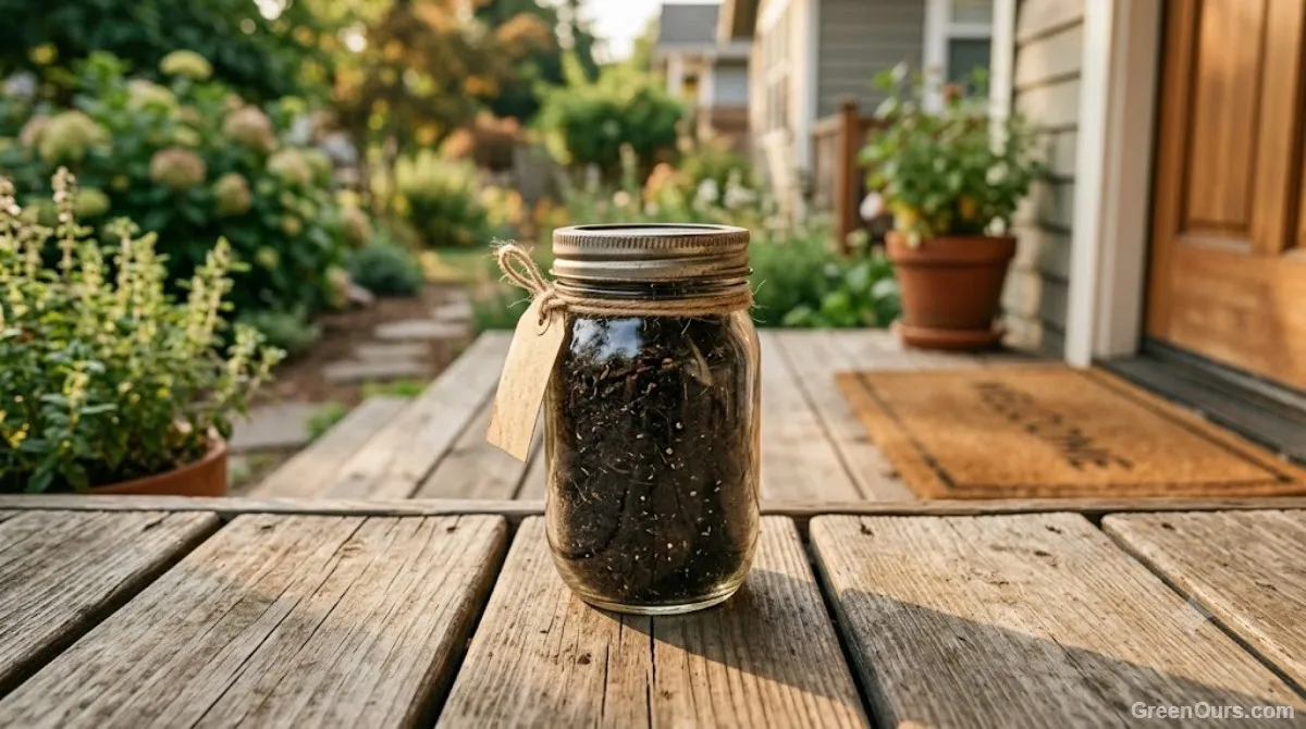 A small container of finished compost being handed off on a porch between two neighbors