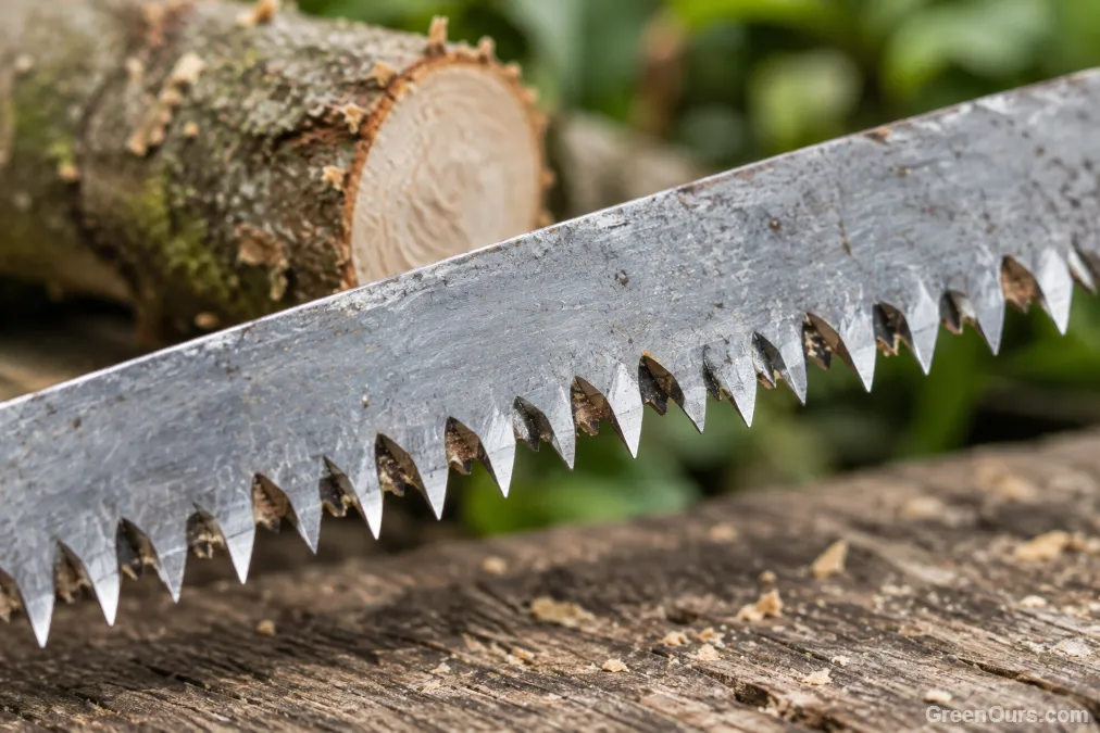 Close-up of pruning saw teeth showing the alternating set that creates the cutting kerf