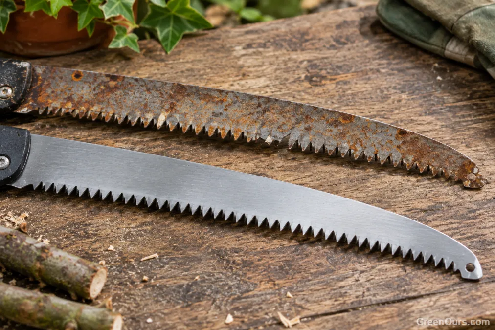 Two pruning saw blades side by side, one with rust pitting and chipped teeth and one clean and sharp
