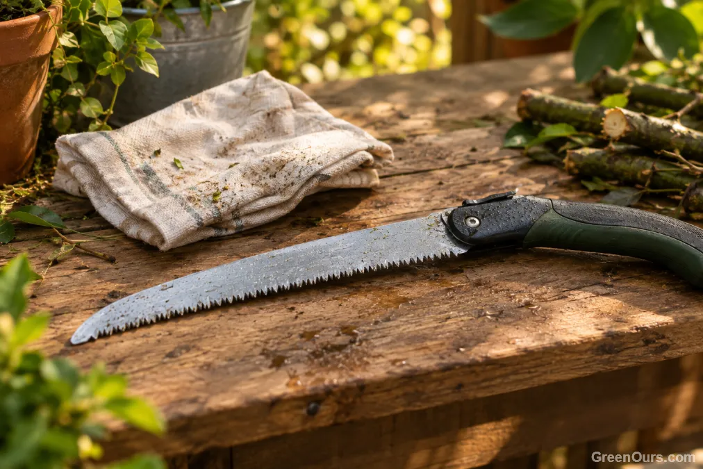 Gardener wiping down a pruning saw blade with a cloth after use