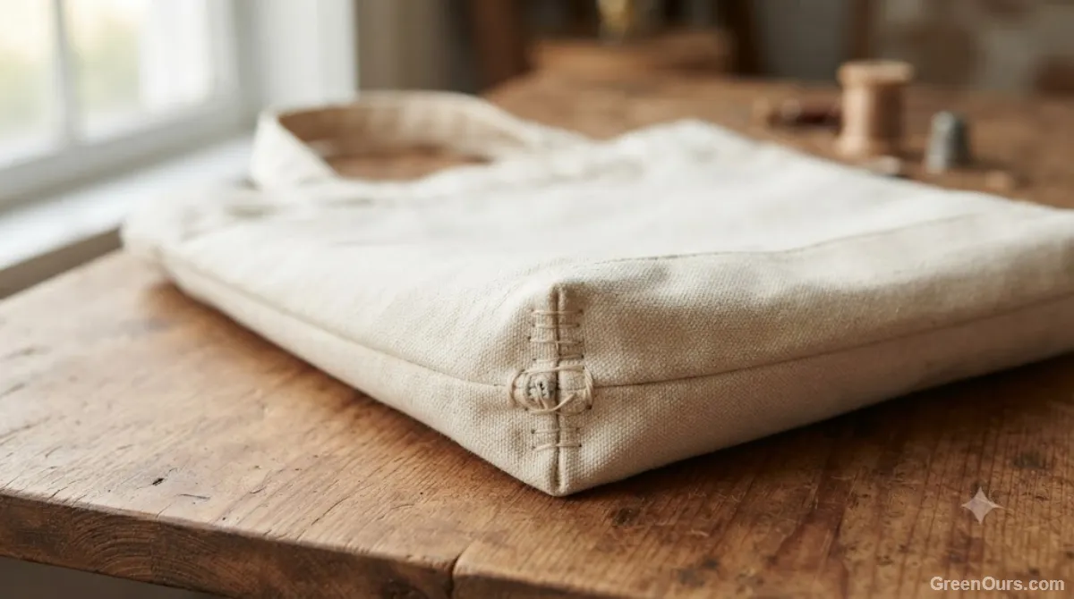Hands mending a small tear in a canvas tote bag with needle and thread