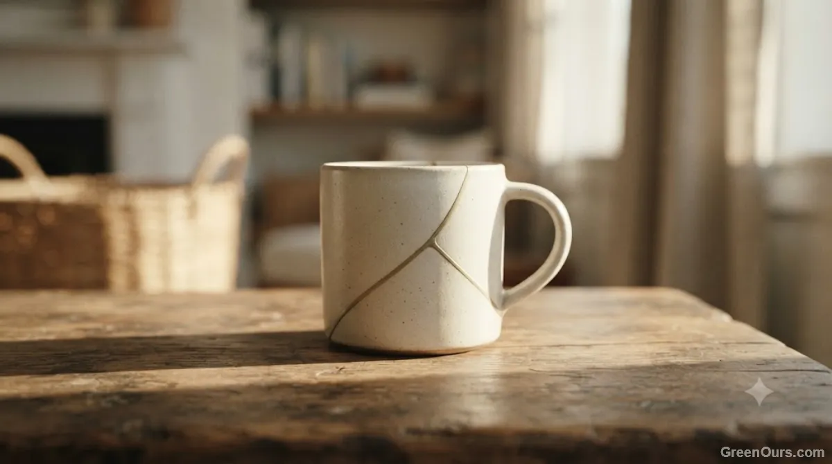A single repaired household item sitting ready to use again on a shelf
