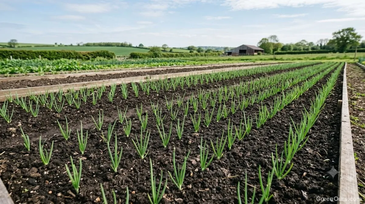 Onion seedlings planted in a garden bed under open sky