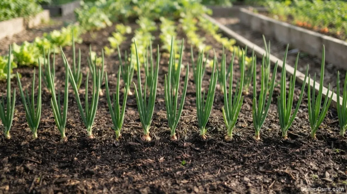 Row of onions planted with even spacing between each plant
