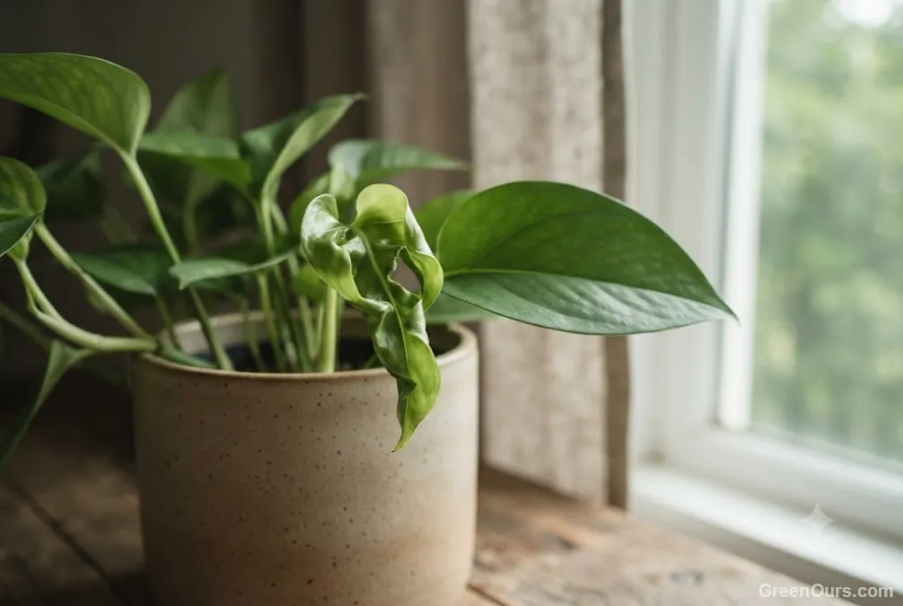 Close-up of a twisted, cupped new leaf beside a healthy mature leaf on the same plant