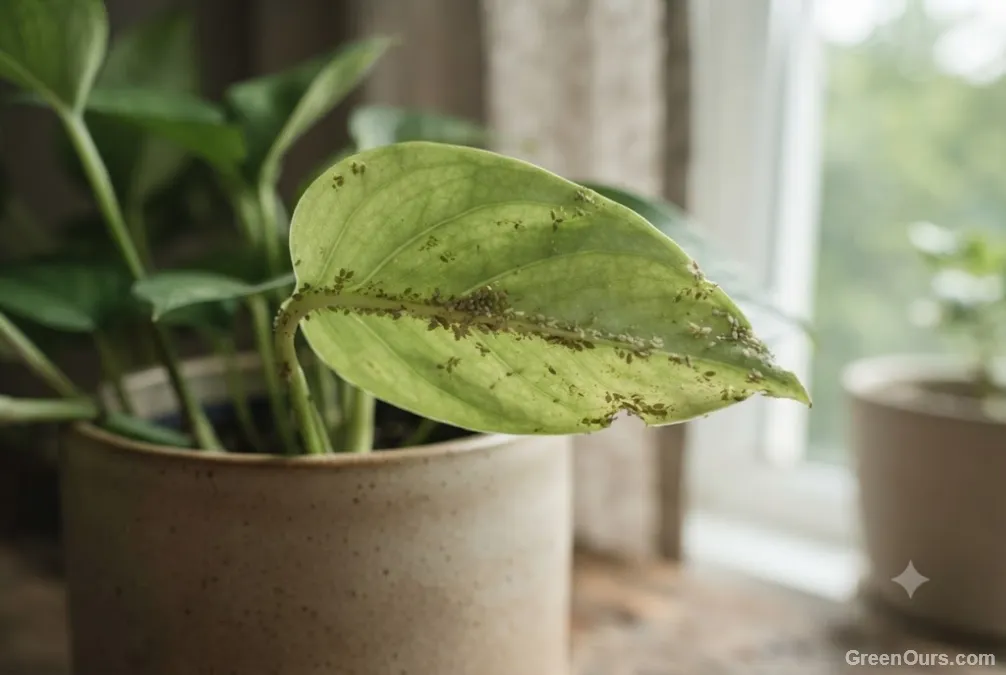 Underside of a young leaf showing pest activity linked to feeding damage