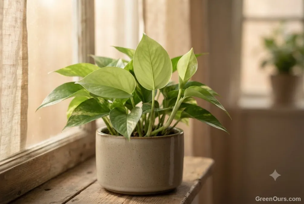 Healthy houseplant with flat, evenly unfurling new leaves beside a window