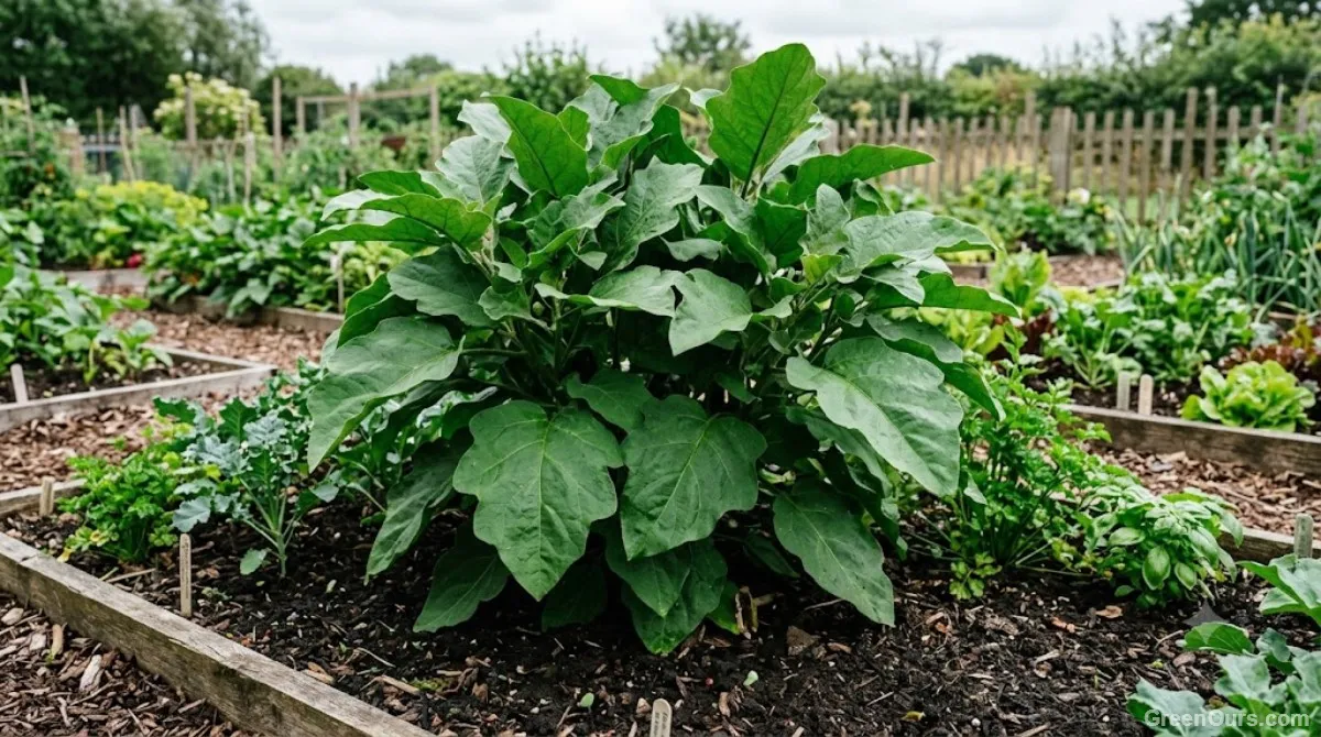 Gardener checking soil moisture at the base of an eggplant plant