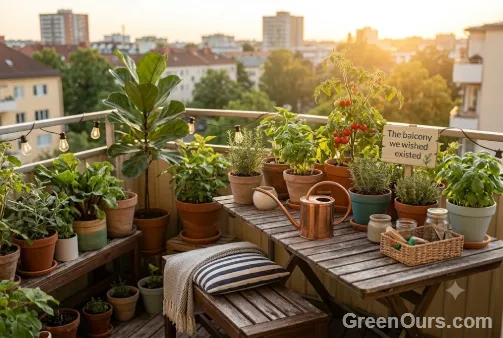 Sunny balcony setup with wooden table, cushions, and thriving potted plants