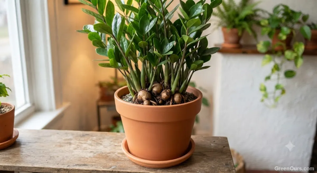 ZZ plant in a slightly snug terracotta pot with rhizomes visible near the soil surface