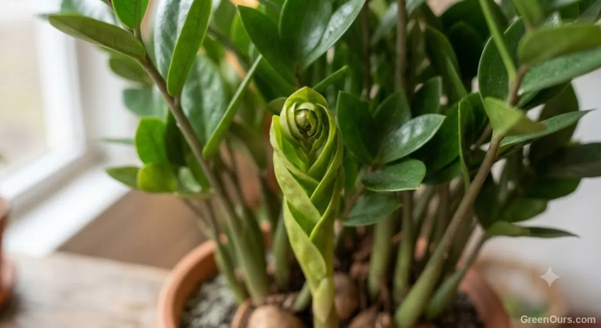 Close-up of a fresh, tightly curled new ZZ plant stem unfurling