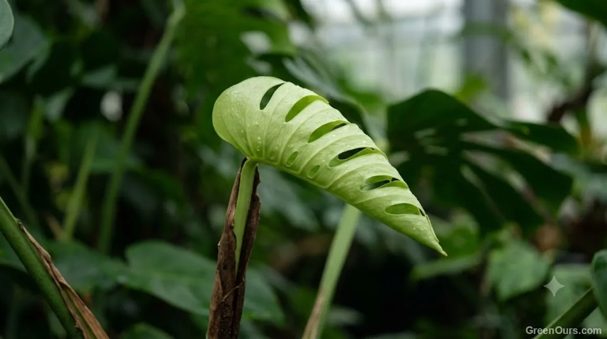 Monstera plant climbing a moss pole with visible aerial roots gripping the support