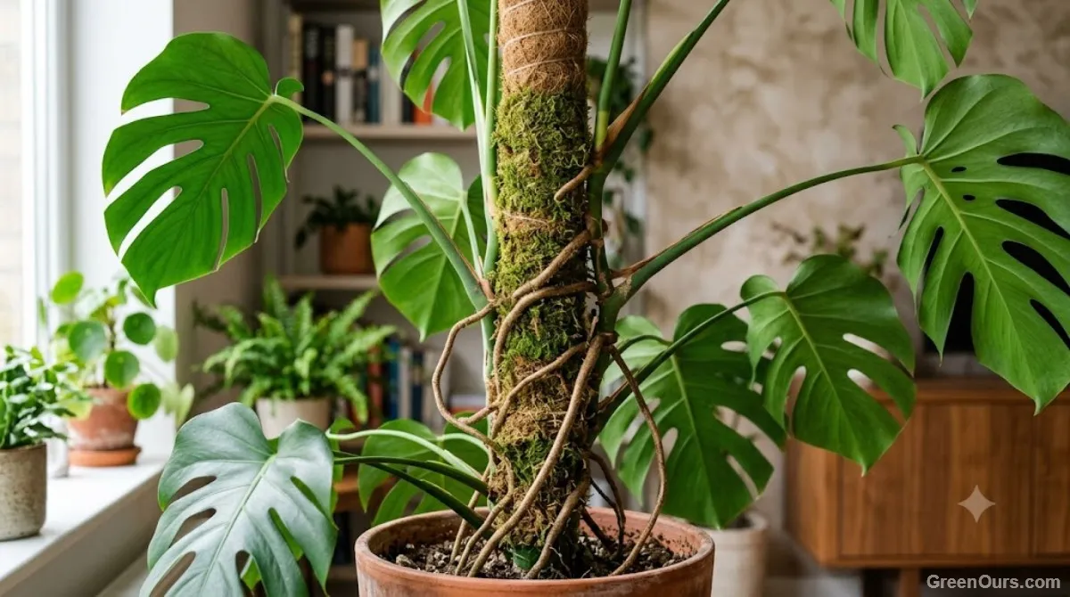 Mature Monstera deliciosa with fully fenestrated leaves in a bright living room corner