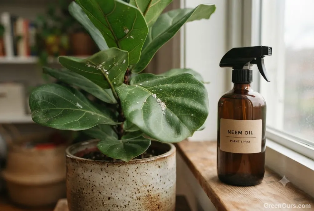 Spray bottle of neem oil next to a houseplant with visible pests on the leaves