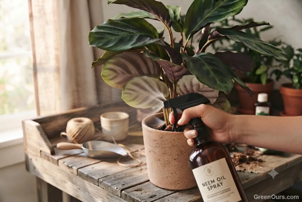 Person tilting a potted plant to spray the underside of the leaves with neem oil