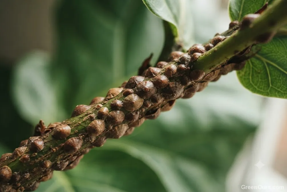 Close-up of armored scale insects clustered along a plant stem