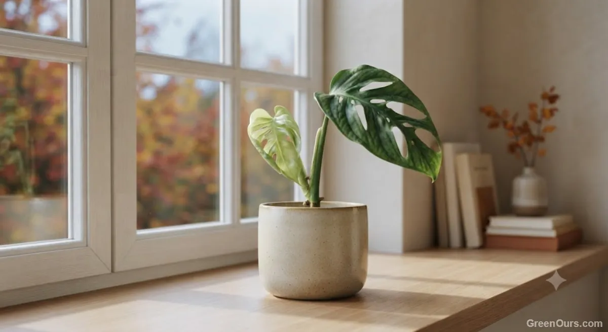 Houseplant on a windowsill with weaker autumn light coming through the glass
