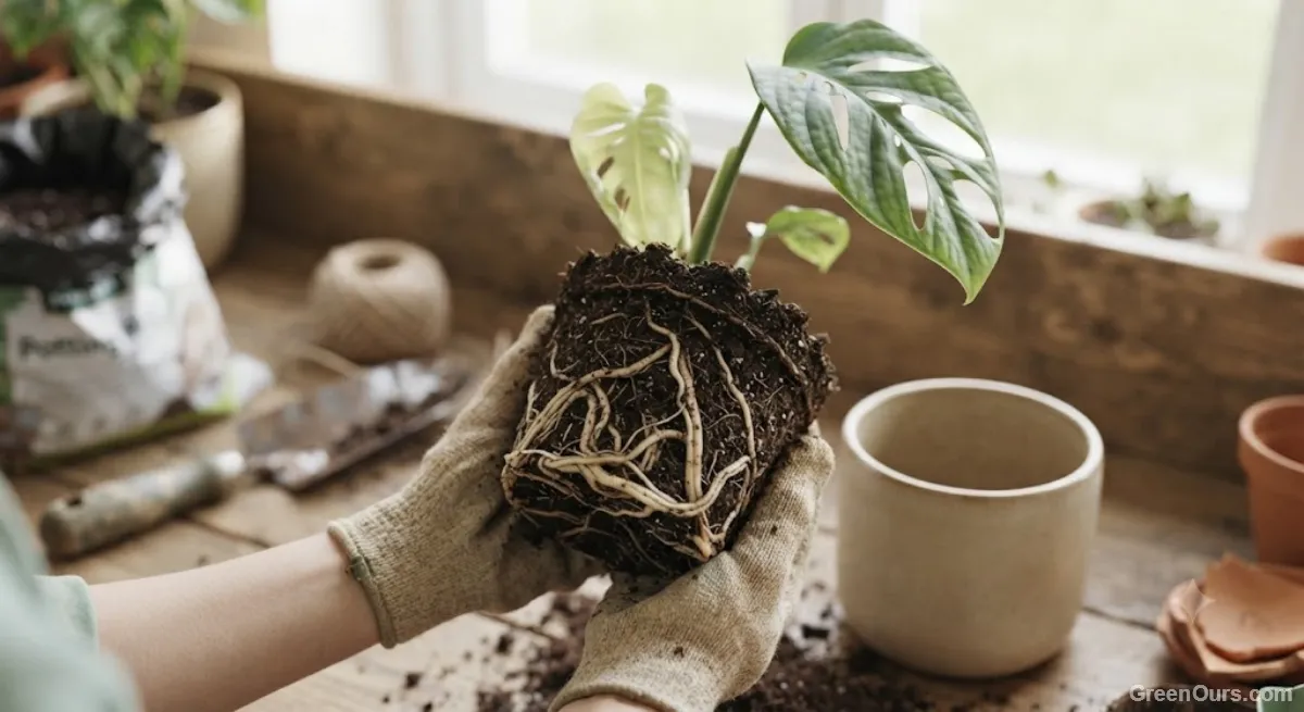 Person inspecting the root ball of a houseplant removed from its pot