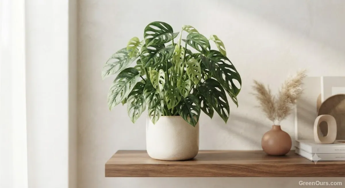 Healthy houseplant with a mix of leaf sizes on a bright shelf