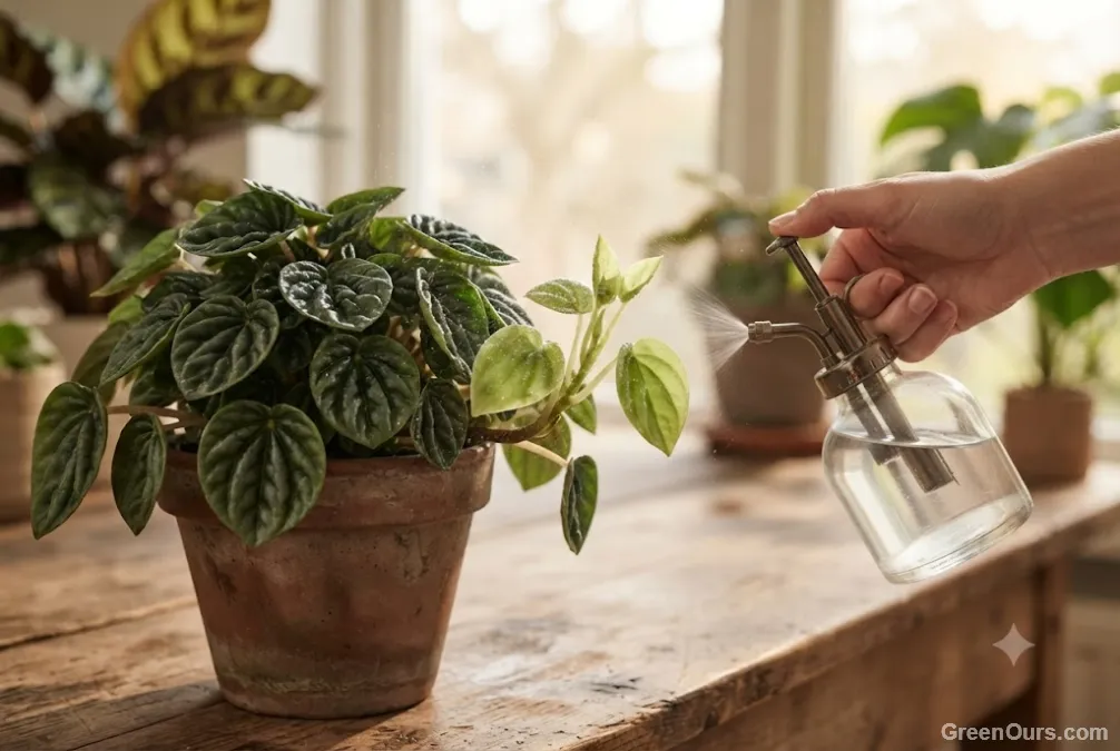 Spray bottle treating tender new plant growth at the stem tip
