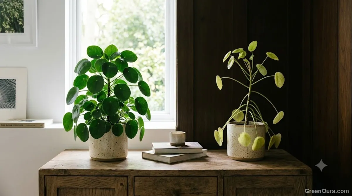Houseplant in a dim corner next to a healthier plant in bright indirect light