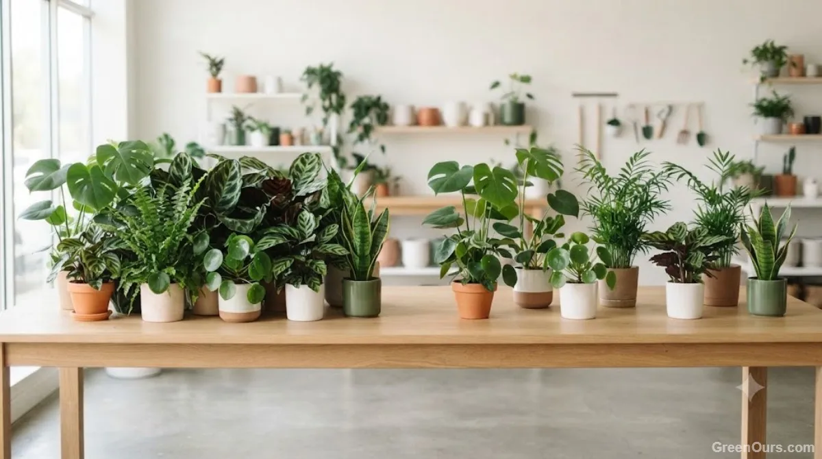 Houseplants spaced apart for airflow compared to a crowded plant grouping