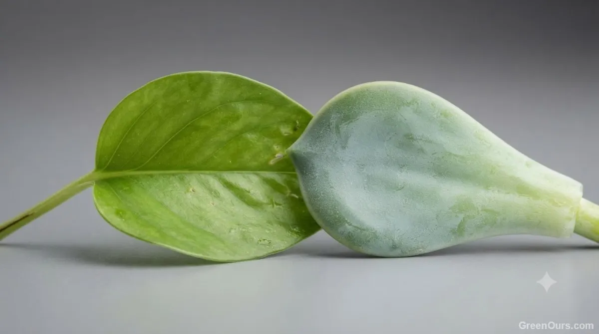 Thin-leafed pothos beside a thick-leafed succulent showing different pest vulnerability