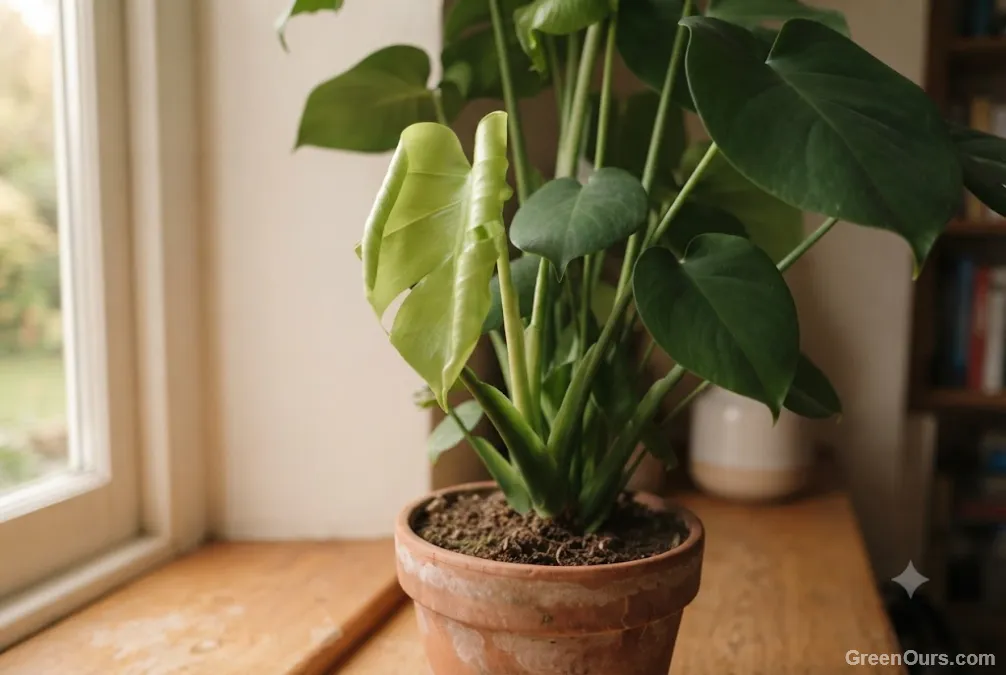 Healthy new plant growth beside older curled leaves during recovery