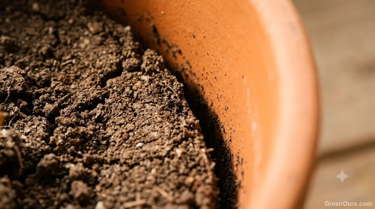 Dry potting soil pulled away from the inside wall of a terracotta pot
