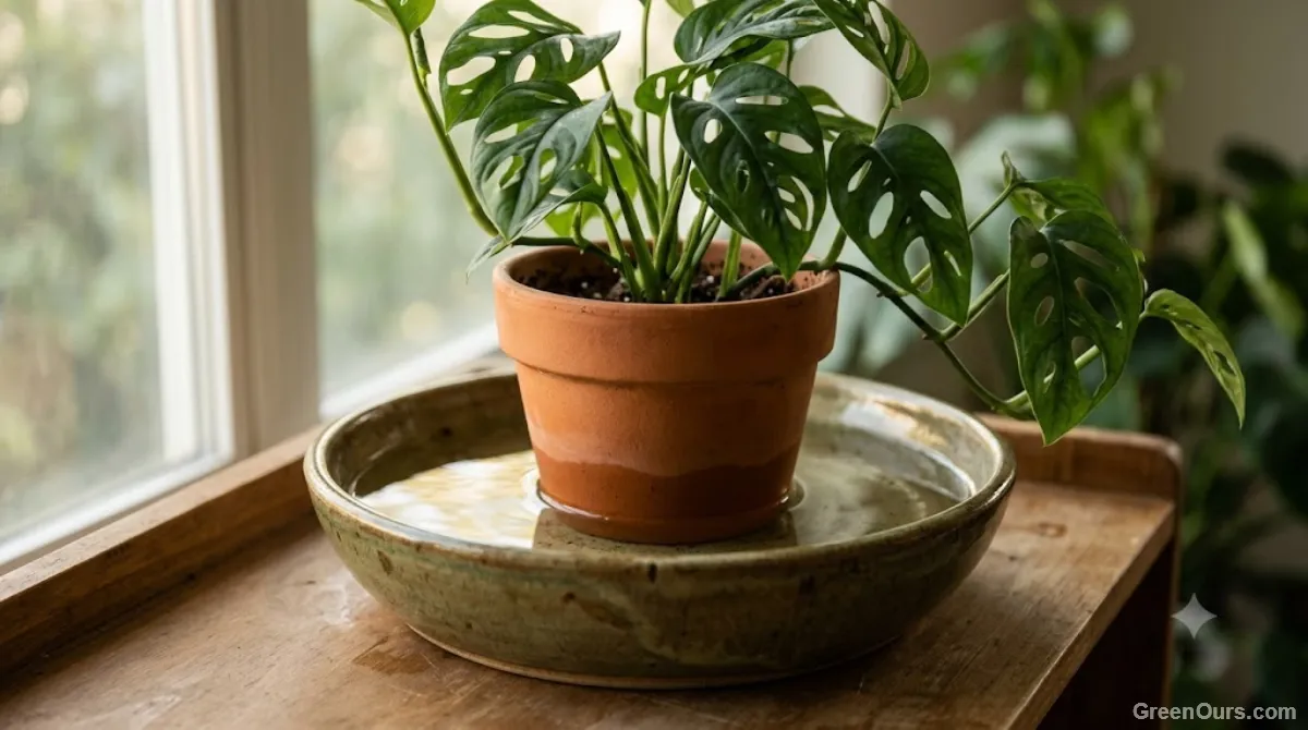 Plant pot bottom-soaking in a basin of water to rehydrate shrunken potting mix