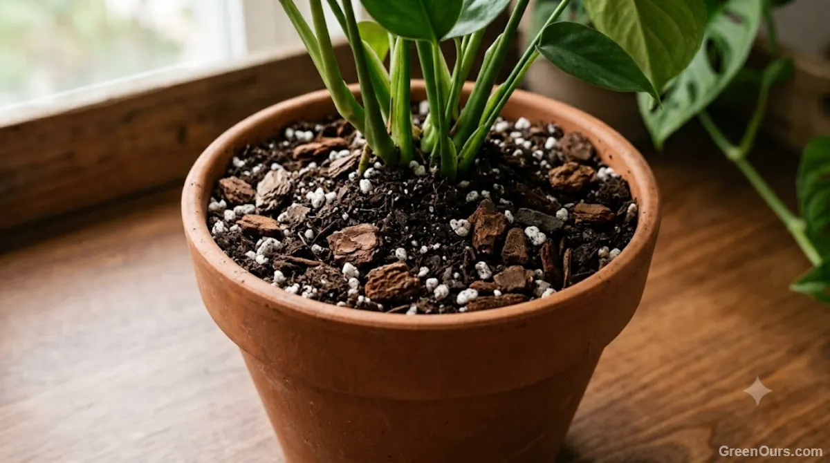 Potting mix blended with bark and perlite to prevent shrinkage and pulling away from pot walls