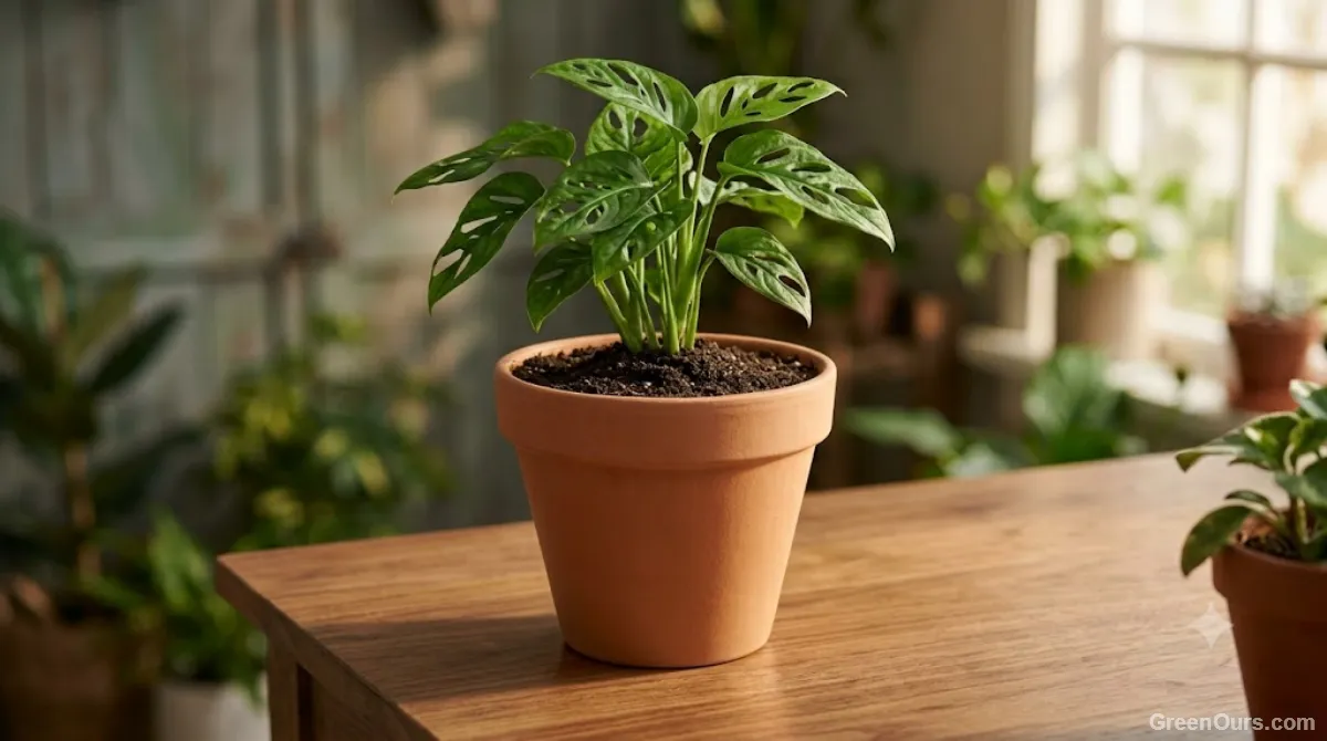 Freshly repotted plant with soil pressed evenly against the pot walls and no visible gap