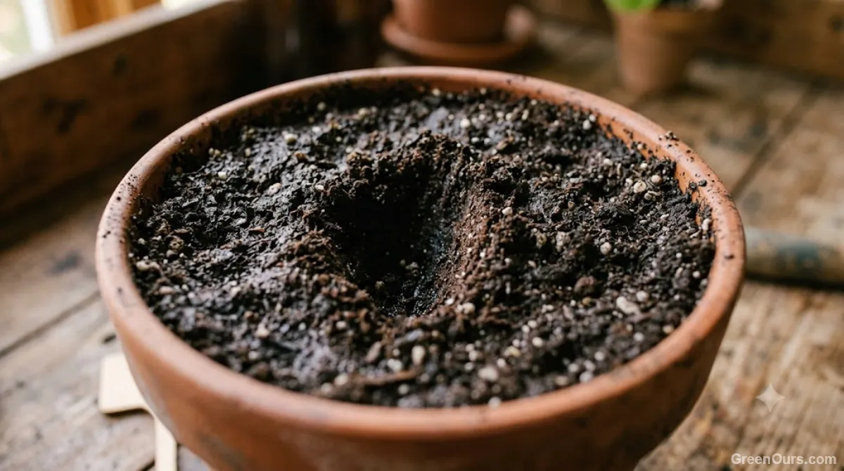 Finger pressed into dark, saturated potting soil to check moisture depth