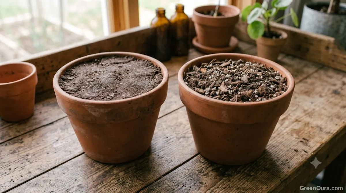 Compacted dense potting mix next to loose aerated potting mix in two separate containers